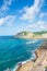 View of the Zumaia flysch, with the sea and the blue sky, on the Itzurun beach