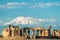 View of Zvartnots Temple on the background of Mount Ararat - a tourist attraction