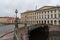 View Ñ‚Ð¾ empty Little Konyushenny Triple bridge over Moika river without tourists. Sankt-Peterburg, Russia