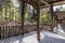 Viewing wooden footbridge for animal watching, Bavaria, Germany. Wooden bridge with a roof in the forest.