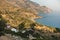 Viewpoint from a hiking trail near Lissos gorge to a coastline above Sougia bay at sunset, south-west coast of Crete island