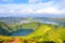 Viewpoint Miradouro da Boca do Inferno in Sao Miguel Island, Azores, Portugal. Amazing crater lakes surrounded by green fields and