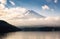 Viewpoint Mount Fuji with cloud of sunrise in Kawaguchiko lake