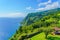 Viewpoint Ponta do Sossego, Sao Miguel Island, Azores, Portugal. View of mountain and the ocean. Nordeste