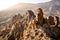 Viewpoint Roques de Garcia in El Teide National park. Stone rock formations. Rock landscape. Pillar rocks. Volcano mountain