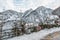 Viewpoint in snowy Hallstatt village with Quiet sign installed in winter time