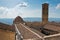 Viewpoint on a surrounding landscape from a bell tower over the roof and dome of Volterra cathedral, Tuscany