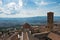 Viewpoint on a surrounding landscape from a bell tower over the roof and dome of Volterra cathedral, Tuscany