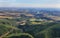 Views Flumen river and fields from Pena San Miguel near Huesca, Spain