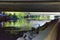 Views of Jordan River Trail Pedestrian and Train Track Bridge with surrounding trees, Russian Olive, cottonwood and muddy stream a