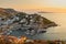 Views of Marina of the Hydra island in twilight. Aegean sea, Greece.