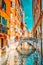Views of the most beautiful channel of Venice, narrow streets, houses .Italy