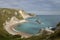 Views of rock formations and beach at durdle dor