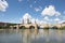 Views of the stone bridge and the basilica del Pilar next to the Ebro river in Zaragoza, Aragon, Spain