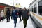 Vigilantes with police officers on a platform with suburban electric trains in Kaluga