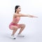 Vigorous energetic woman doing exercise with squat on isolated background.