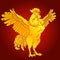 Vigorous rooster gold on red background