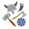 Viking armor and weapon horned helmet and ax with shield