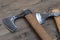 Viking battle ax close up on wooden background