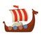 Viking boat or ship with shield on board and striped sail