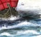 A viking boat in storming seething sea near the seacoast, hand painted artistic illustration