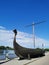Viking boats on the embankment of the Salakka - Lahti Bay, left after the filming of the film in the city of Vyborg against the