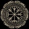 Viking design. Magical runic compass Vegvisir, in the circle of Norse runes and dragons