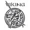 Viking design. Viking warrior fights Dragon. Ancient Scandinavian illustration