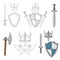 Viking equipment. Sword, shield, axe, helmets