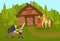 Viking family character, scandinavian culture, male, female, child, nordic house in pine forest, flat vector