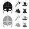 Viking helmet, battle ax, rook on oars with shields, dragon, treasure. Vikings set collection icons in black,monochrom