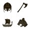 Viking helmet, battle ax, rook on oars with shields, dragon, treasure. Vikings set collection icons in black style