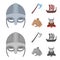 Viking helmet, battle ax, rook on oars with shields, dragon, treasure. Vikings set collection icons in cartoon