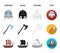 Viking helmet, battle ax, rook on oars with shields, dragon, treasure. Vikings set collection icons in cartoon,black