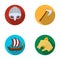 Viking helmet, battle ax, rook on oars with shields, dragon, treasure. Vikings set collection icons in flat style vector