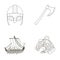 Viking helmet, battle ax, rook on oars with shields, dragon, treasure. Vikings set collection icons in outline style