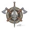 Viking helmet, crossed viking axes and in a wreath of Scandinavian pattern and viking shield