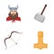 Viking in helmet with horns, mace, bow with arrow, treasure. Vikings set collection icons in cartoon style vector symbol