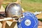Viking helmet on the table, metal helmet on the table, warrior helmet