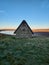 Viking hut Grimwith reservoir, yorkshire dales skipton frosty mornings
