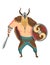 Viking man with horned helmet, sword and shield. Bearded men warrior or hero of scandinavian legends. Cartoon barbarian