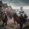 Viking raid, Fierce Viking warriors raiding a coastal village with longships and battle cries2