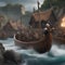 Viking raid, Fierce Viking warriors raiding a coastal village with longships and battle cries3