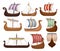 Viking scandinavian draccars set, Norman ship with color sales vector Illustrations on a white background