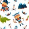 Viking seamless pattern cute boy, girl and dragon, children warriors and weapon
