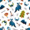 Viking seamless pattern cute dragon, weapon, helmet, ship, forest. Funny illustration for kids