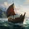 Viking Ship sailing in ocean near an island