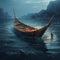 Viking Ship sailing in ocean near an island