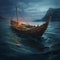 Viking Ship sailing in ocean near an island