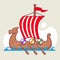 Viking ship sailing on the sea. full sails